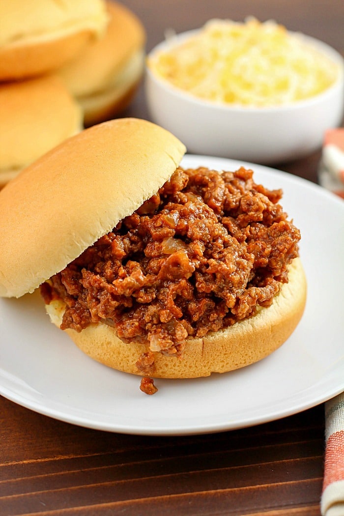 Crock Pot Sloppy Joes! It doesn't get much easier than a little ground beef, (or turkey!) some spices and ketchup, thrown all in a crock pot and then 4 - 6 hours later - dinner is ready! I love serving mine on a whole wheat bun with a slice of cheese and a side of veggies. YUM!