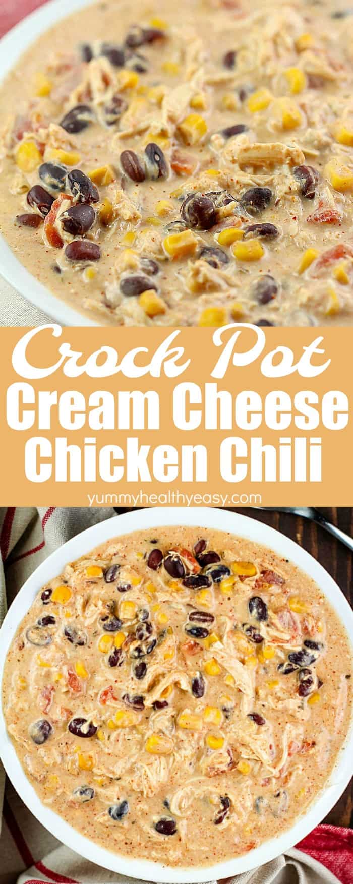 Throw this Crock Pot Cream Cheese Chicken Chili recipe into your slow cooker in the morning and you'll have a delicious chili at dinnertime your whole family will love! This is my family's favorite dinner! #chili #easy #recipe #crockpot #slowcooker #creamcheese #chicken #beans #creamy