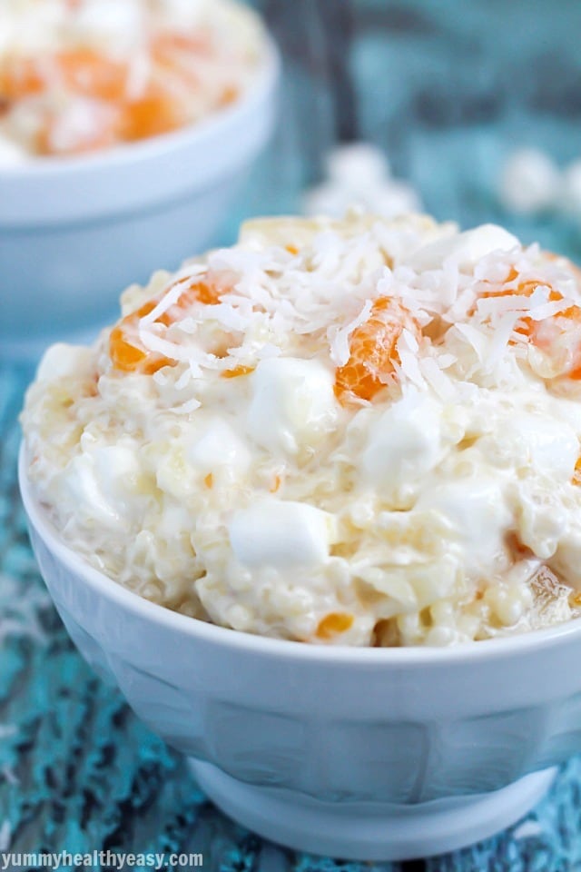 Frog Eye Fruit Salad - the best fruit salad EVER using acini de pepe pasta (aka frog eyes) and a yummy sauce mixed with pineapple, mandarin oranges, marshmallows and Cool Whip. A family favorite!