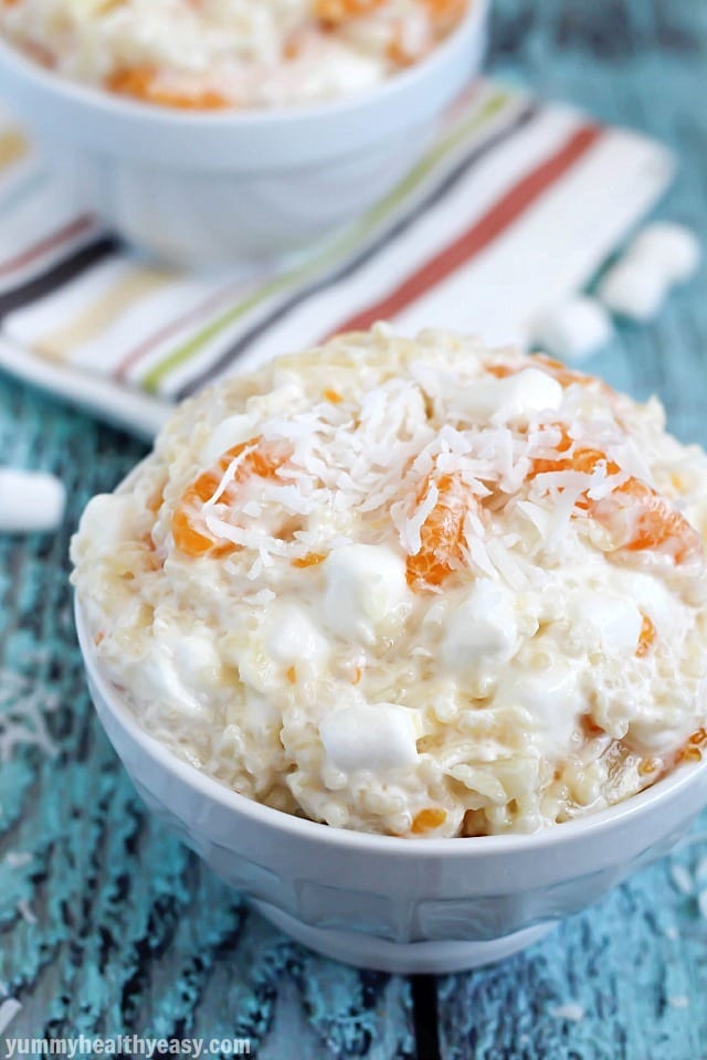 Frog Eye Fruit Salad - the best fruit salad EVER using acini de pepe pasta (aka frog eyes) and a yummy sauce mixed with pineapple, mandarin oranges, marshmallows and Cool Whip. A family favorite!