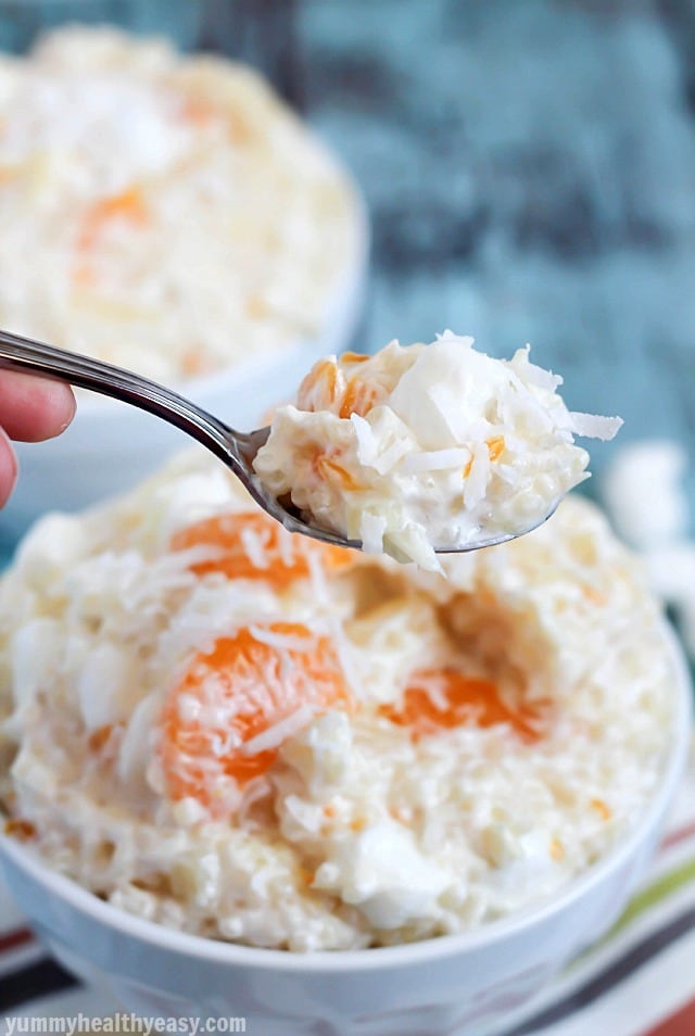 Frog Eye Fruit Salad - the best fruit salad EVER using acini de pepe pasta (aka frog eyes) and a yummy sauce mixed with pineapple, mandarin oranges, marshmallows and Cool Whip. A family favorite!