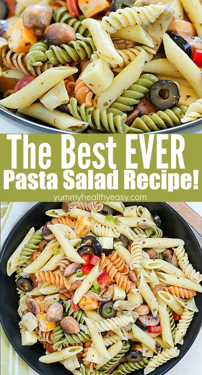This unbelievable Best Ever Pasta Salad will be the hit of the picnic! Full of pasta, cheeses, pepperoni, olives and veggies and topped with a homemade dressing - this will be an instant potluck favorite! #pastasalad #recipe #pasta #salad #summertime #easyrecipe #potluck #picnic