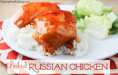 Four-Ingredient Baked Russian Chicken- it's SO easy and really, really good. Four ingredients in a 9x13 baking dish, bake for 45 minutes to an hour and serve over rice. Best. Dinner. Ever. via @jennikolaus