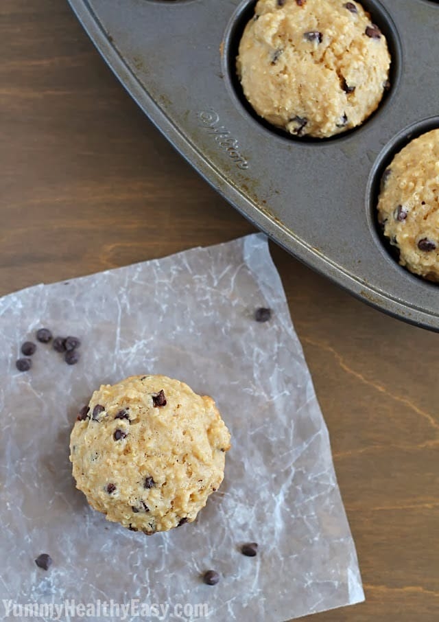 Chocolate Chip Quinoa Muffins | moist and healthy muffins filled with quinoa and little chocolate chips nestled inside! Quinoa Muffins with mini chocolate chips. These are so good!