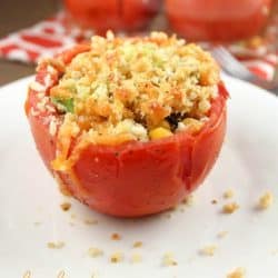 stuffed full of corn, black beans, breadcrumbs, jalapeño, cheese and plain deliciousness. You will love serving these Baked Stuffed Tomatoes with your next meal.