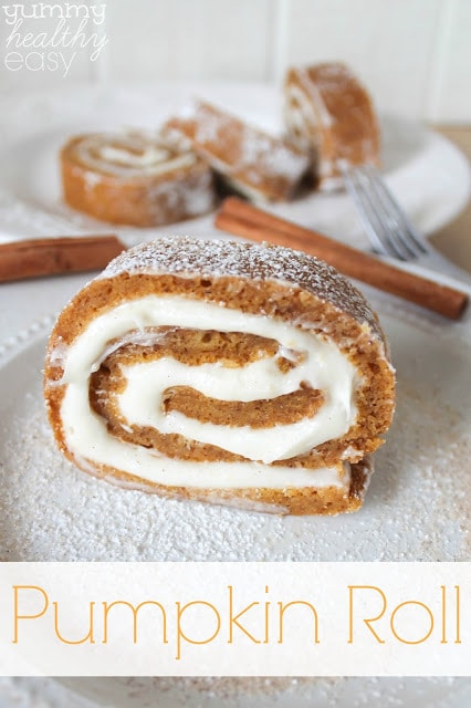 Pumpkin Roll - an easy cake roll made with a light layer of cake and a creamy layer of filling, rolled together. SO yummy!