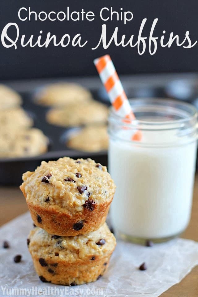 Chocolate Chip Quinoa Muffins | moist and healthy muffins filled with quinoa and little chocolate chips nestled inside! Quinoa Muffins with mini chocolate chips. These are so good!