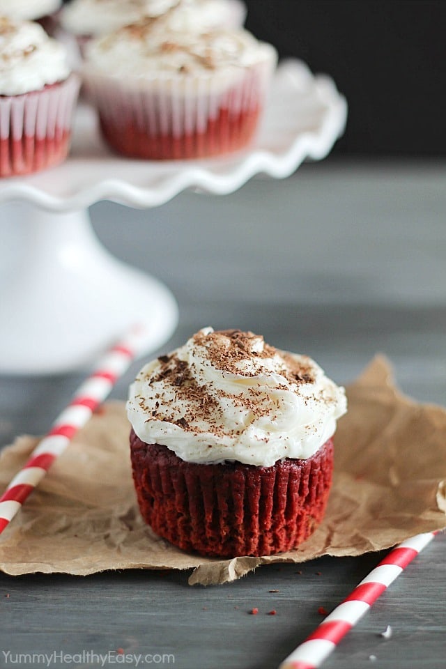Red Velvet Cupcakes with a secret ingredient - BEETS! They are moist, decadent and a bit healthier, too! Red Velvet Beet Cupcakes that are fluffy, decadent and a bit healthier, too! There's much less red food coloring in this version of red velvet cupcakes!