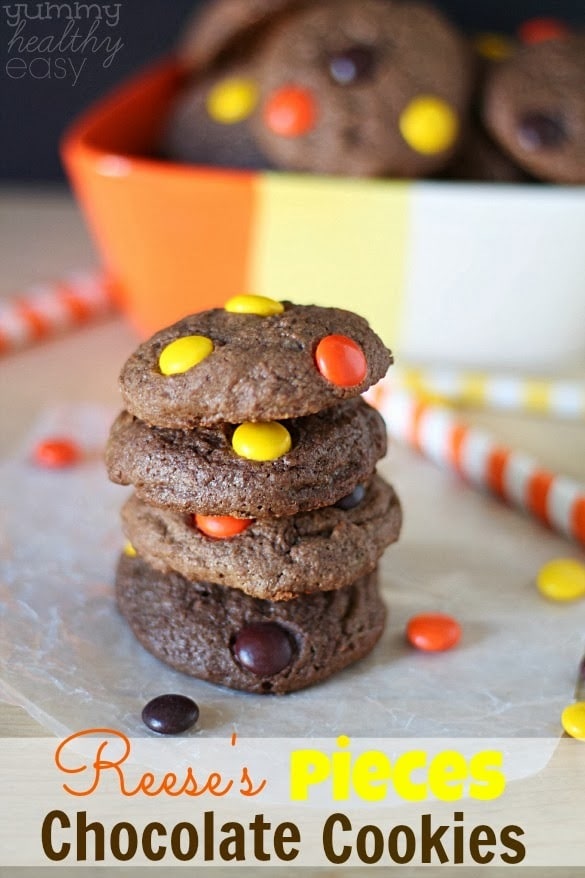 Reese's Pieces Chocolate Cookies | soft & chewy chocolate cookies with Reese's Pieces candies inside! Soft & chewy chocolate cookies with Reese's Pieces candies inside