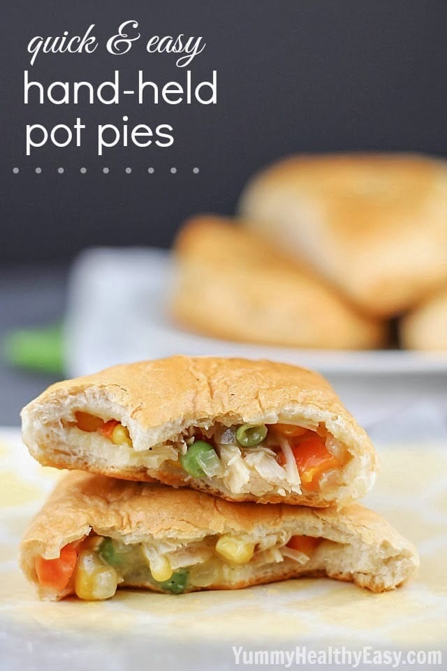 Easy Hand-Held Pot Pies | Refrigerated biscuits filled with easy chicken and veggie pot pie mixture, folded to make a hand pie and then baked. Easy dinner your family will love! Easy Hand-Held Pot Pies