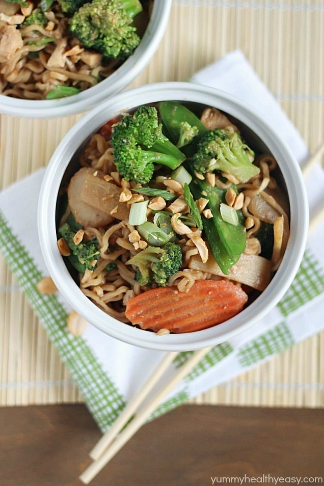 A new spin on ramen noodles - Chicken Thai Noodle Bowls! Ramen noodles and stir-fry veggies tossed in a quick & easy peanut sauce and topped with chopped peanuts and green onions. Bye bye boring ramen! A new spin on ramen noodles - Chicken Thai Noodle Bowls! Ramen noodles and stir-fry veggies tossed in a quick & easy peanut sauce and topped with chopped peanuts and green onions. Bye bye boring ramen!
