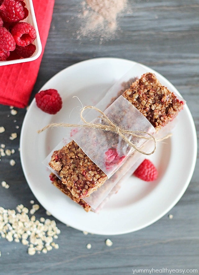 Raspberry Chocolate Protein Bars These Raspberry-Chocolate Protein Bars are delicious homemade protein bars, chock full of protein and flavor - perfect for pre or post-workout.