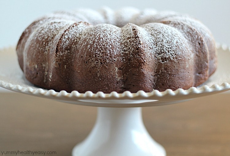 Skinny Chocolate Bundt Cake - delicious lower-fat bundt cake that's made with a cake mix, sugar-free pudding, applesauce and greek yogurt. Super moist and deceivingly decadent! Skinny Chocolate Bundt Cake - delicious lower-fat bundt cake that's made with a cake mix, sugar-free pudding, applesauce and greek yogurt. Super moist and deceivingly decadent!