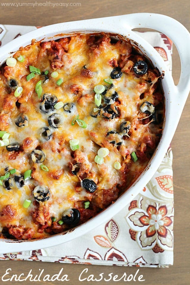 Enchilada casserole in a white casserole dish.
