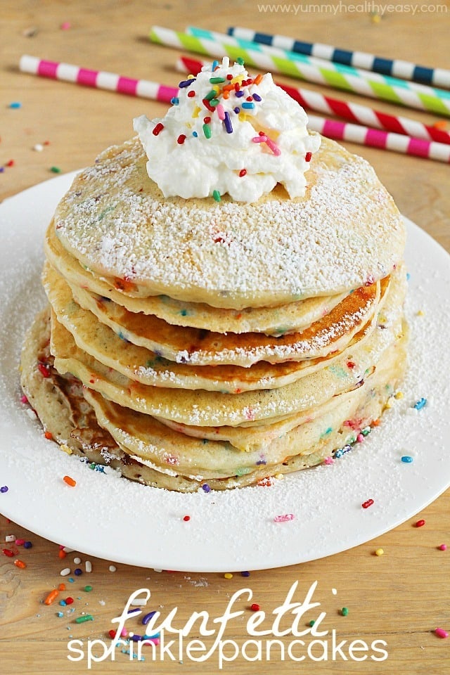 EASY and festive Funfetti Pancakes from scratch! These are perfect for celebrating someone special's Birthday…or just because!