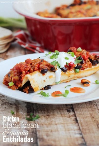 Healthy and delicious enchiladas with chicken, black beans and quinoa rolled inside flour tortillas. Guiltless and easy dinner! Healthy and delicious enchiladas with chicken, black beans and quinoa rolled inside flour tortillas. Guiltless and easy dinner!