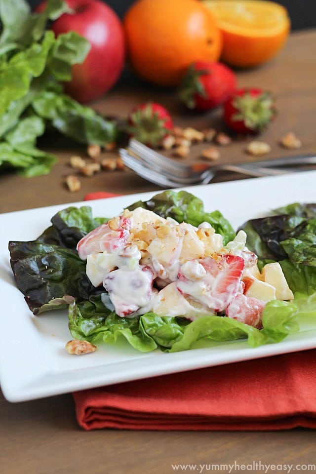 Lightened Waldorf Salad uses non-fat yogurt instead of all mayonnaise. Crunchy, sweet, savory, healthy & delicious! Lightened Waldorf Salad uses non-fat yogurt instead of all mayonnaise. Crunchy, sweet, savory, healthy & delicious!