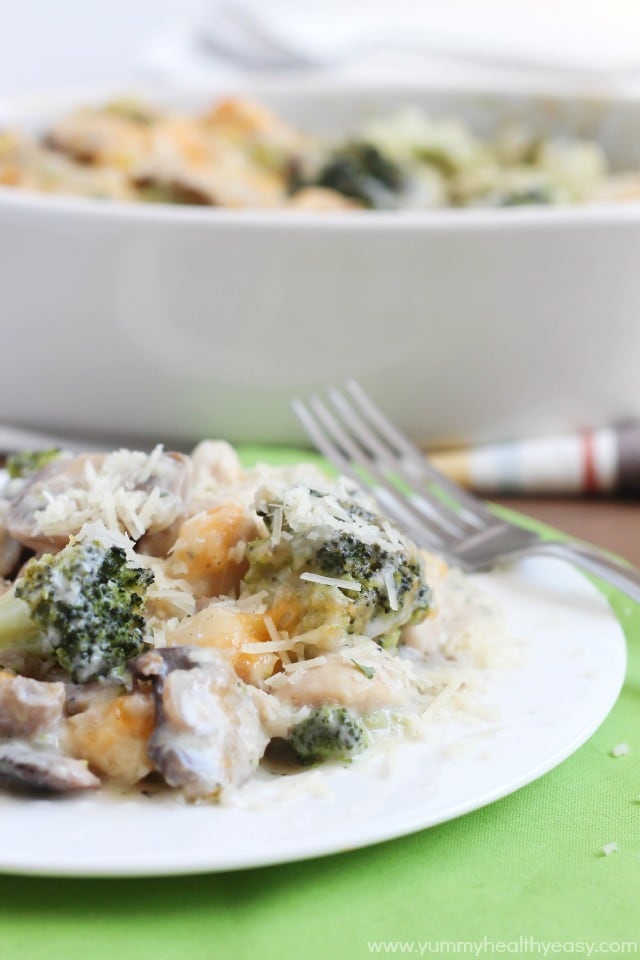 This healthy casserole is filled with chicken, broccoli and mushrooms in a light & creamy sauce. Your family will love it! This healthy casserole is filled with chicken, broccoli and mushrooms in a light & creamy sauce. Your family will love it!
