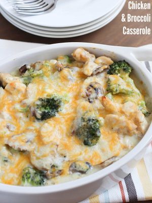 This healthy casserole is filled with chicken, broccoli and mushrooms in a light & creamy sauce. Your family will love it!