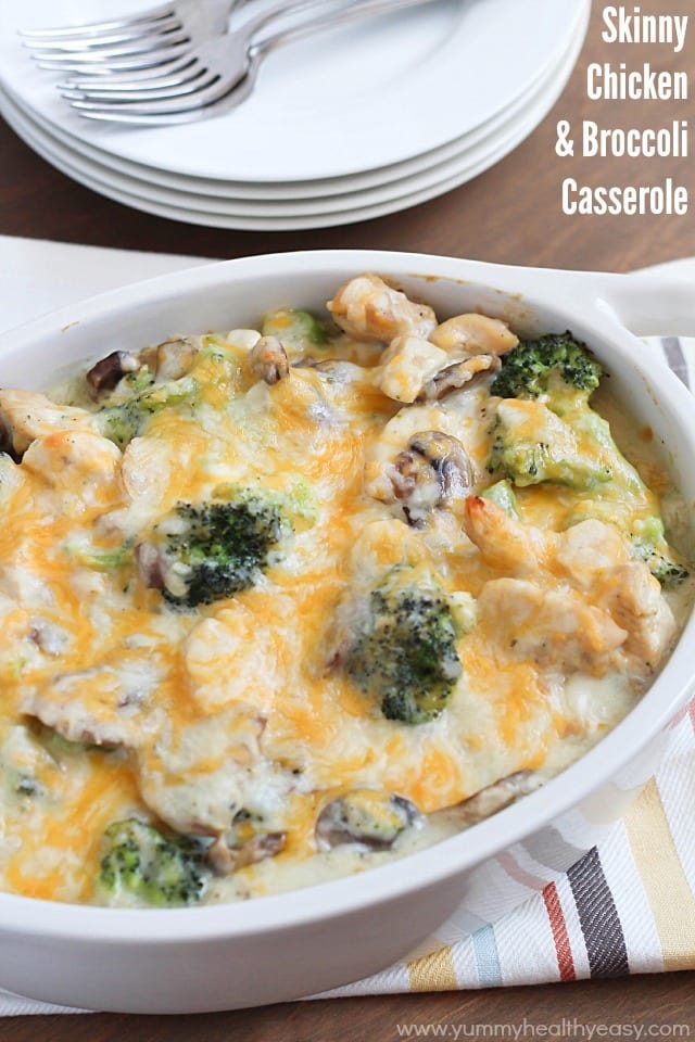 This healthy casserole is filled with chicken, broccoli and mushrooms in a light & creamy sauce. Your family will love it!