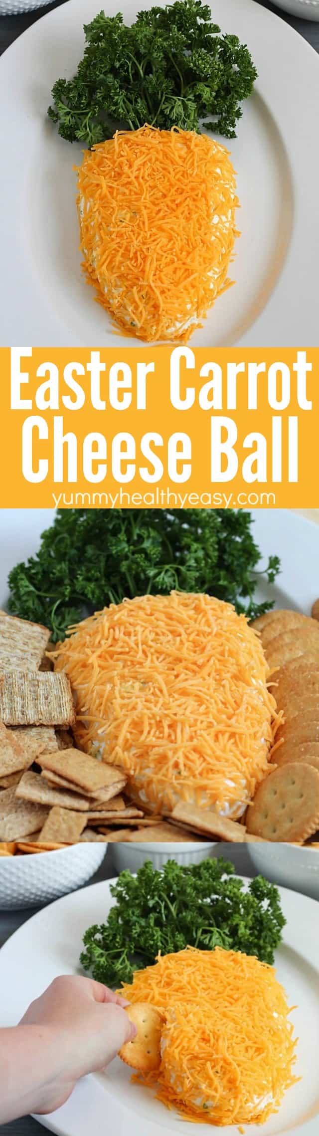 Need a fun treat to bring to an Easter party? Take this carrot-shaped cheese ball! It's sure to win the vote for cutest and tastiest snack! via @jennikolaus
