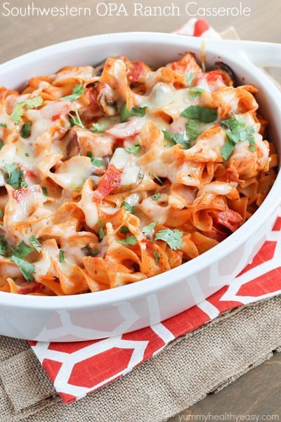 A delicious casserole with chicken, mushrooms, tomatoes and egg noodles tossed in a flavorful sauce made using enchilada sauce and OPA Greek Yogurt Ranch Dressing. Best casserole EVER!