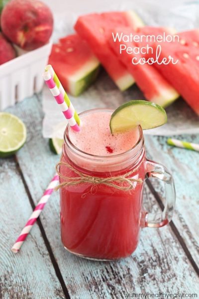 Easy Watermelon Peach Cooler - a delicious drink made from ripe peaches and watermelon then mixed with lemon-lime soda. Refreshing, healthy and easy!