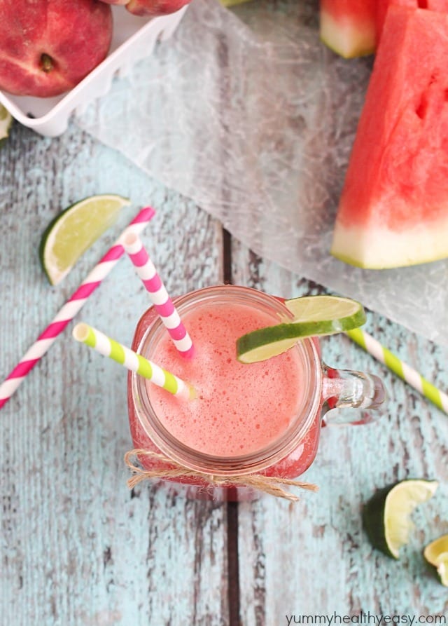 Watermelon Peach Cooler - delicious drink that's perfect for summertime! Easy Watermelon Peach Cooler - a delicious drink made from ripe peaches and watermelon then mixed with lemon-lime soda. Refreshing, healthy and easy!