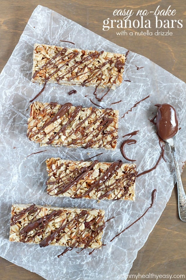 Easy No-Bake Granola Bars - simple granola bars with oats, almonds and coconut with a delicious chocolate & nutella drizzle on top. Easy No-Bake Granola Bars - simple granola bars with oats, almonds and coconut with a delicious chocolate & nutella drizzle on top.