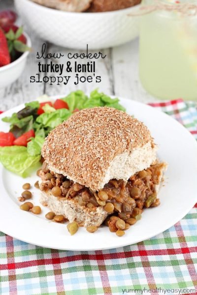 Easy slow cooker Sloppy Joe sandwiches made with ground turkey and lentils. A healthy spin on Sloppy Joes that the whole family will love! #cleaneating