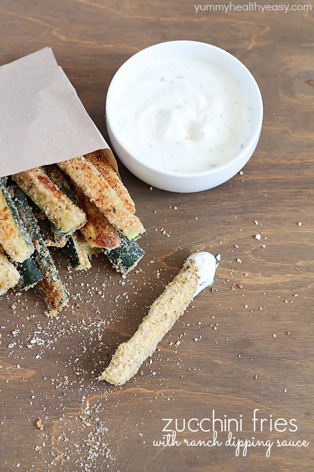 Zucchini Fries with yummy ranch dipping sauce - fun and easy side dish that's healthy and delicious!