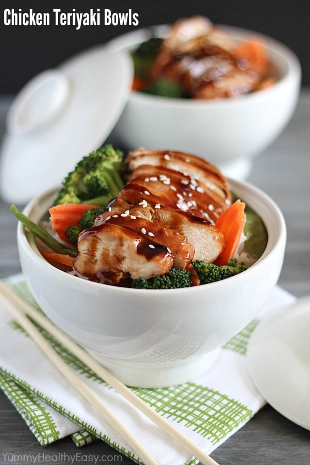 Delicious Chicken Teriyaki Bowls with chicken baked in a homemade teriyaki sauce layered on top of a bed of rice & veggies!