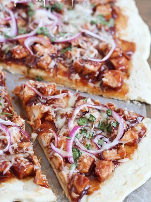 Easy homemade Grilled BBQ Chicken Pizza - quick no-rise homemade crust, grilled chicken, BBQ sauce, red onion, cilantro & mozzarella. Easy dinner in 30 minutes! #ad