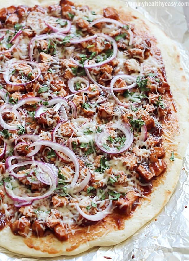 Easy homemade Grilled BBQ Chicken Pizza - quick no-rise homemade crust, grilled chicken, BBQ sauce, red onion, cilantro & mozzarella. Easy dinner in 30 minutes! #ad