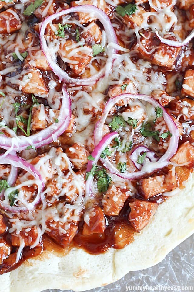 Easy homemade Grilled BBQ Chicken Pizza - quick no-rise homemade crust, grilled chicken, BBQ sauce, red onion, cilantro & mozzarella. Easy dinner in 30 minutes! #ad