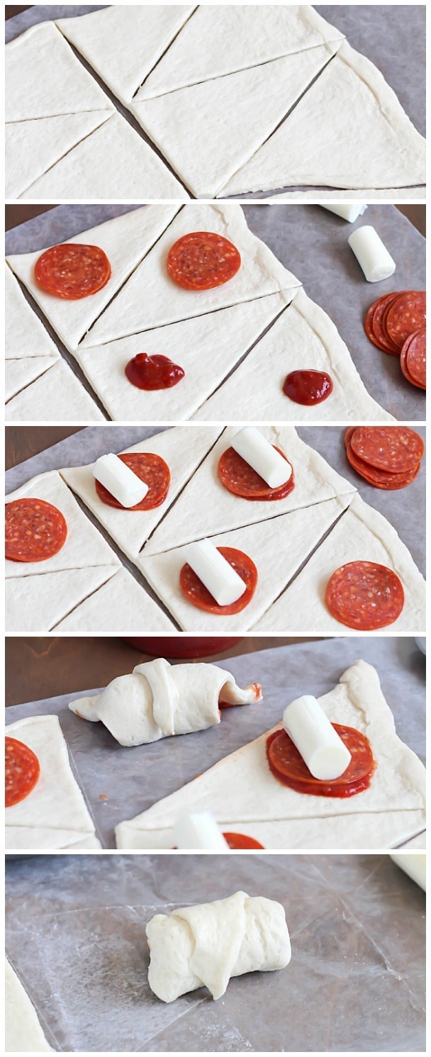 Step by step instructions on how to make simple & delicious Pizza Rolls. Made from pre-made pizza dough, mozzarella sticks, pizza sauce and pepperoni all rolled together in a fun little bite! #ad