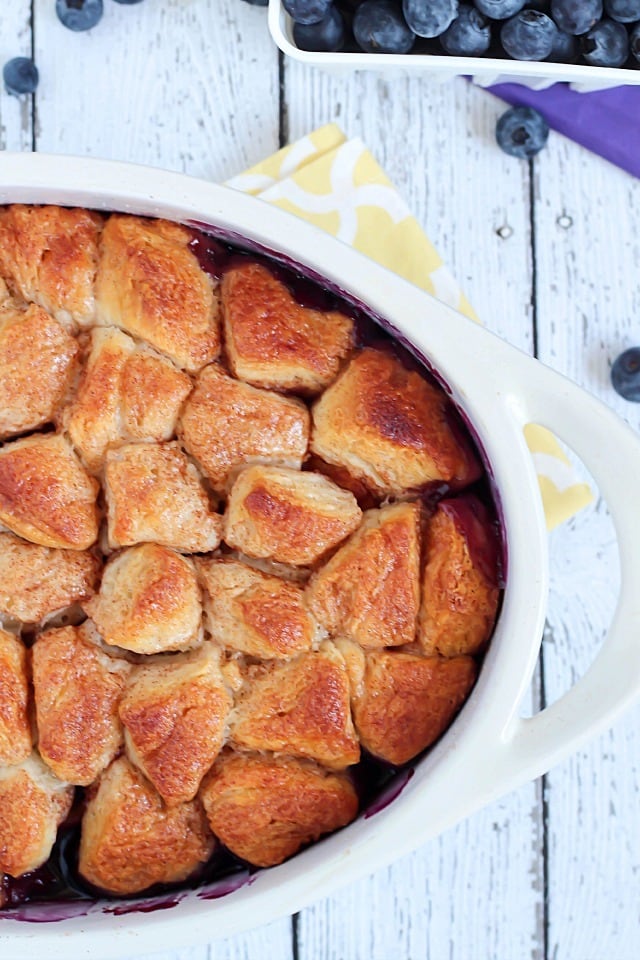 A quick and easy version of a classic cobbler by using refrigerated biscuits to create an easy topping over fresh peaches and blueberries. So delicious and EASY!