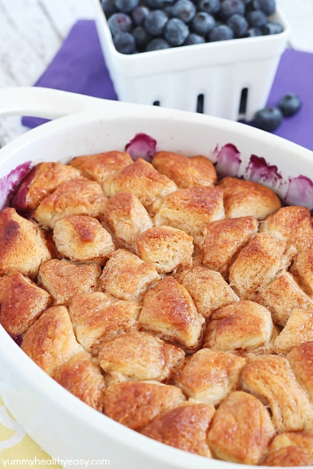 A quick and easy version of a classic cobbler by using refrigerated biscuits to create an easy topping over fresh peaches and blueberries. So delicious and EASY!