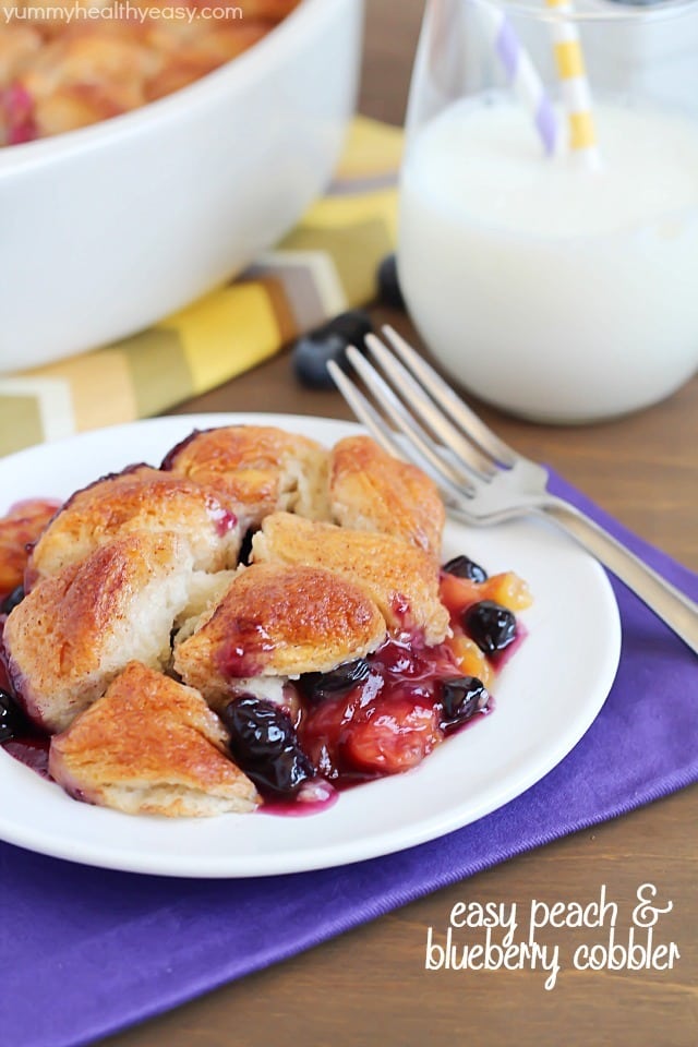 A quick and easy version of a classic cobbler by using refrigerated biscuits to create an easy topping over fresh peaches and blueberries. So delicious and EASY!