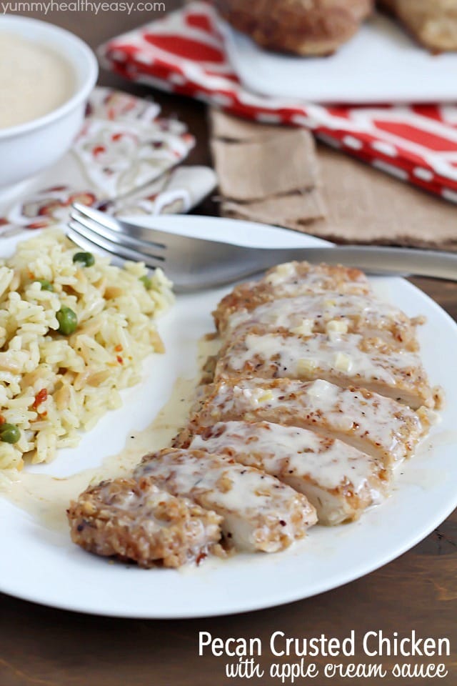Pecan crusted chicken breasts cooked in a skillet, then topped with an apple cream sauce. Unique, unbelievably delicious & so easy!
