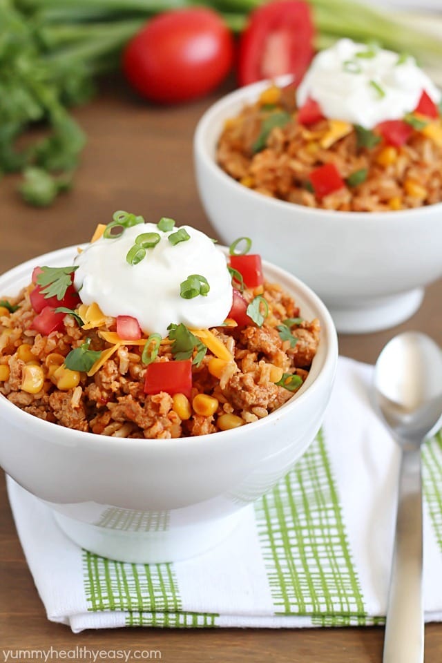 Turkey Taco Skillet - easy and healthy 30 minute meal cooked all in one pot!
