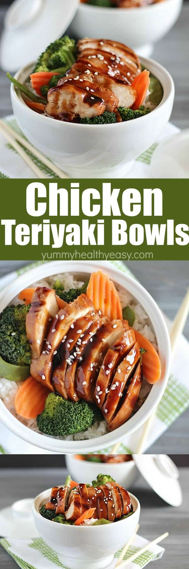Delicious Chicken Teriyaki Bowls with chicken baked in a homemade teriyaki sauce layered on top of a bed of rice & veggies!