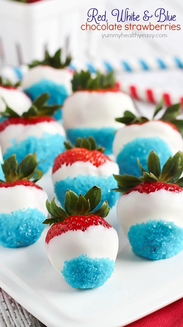Fun & easy patriotic white chocolate strawberries using white chocolate and blue sprinkles. #4thofjuly