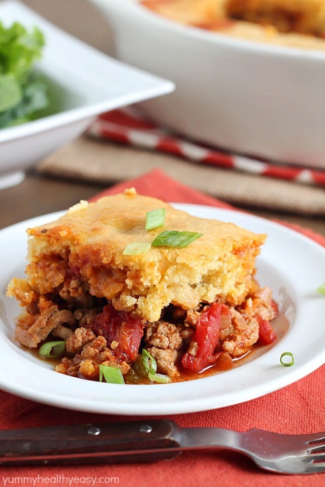 Tamale Pie - flavorful turkey and spices topped with a layer of cornbread. Absolutely delicious!