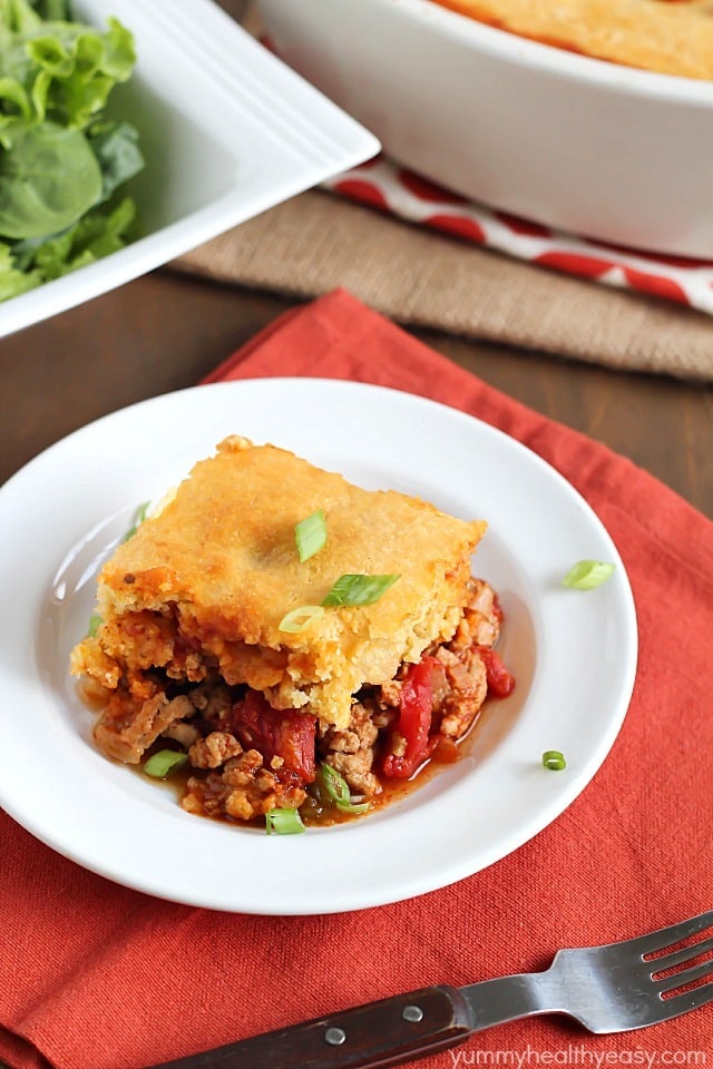 Tamale Pie - flavorful turkey and spices topped with a layer of cornbread. Absolutely delicious!