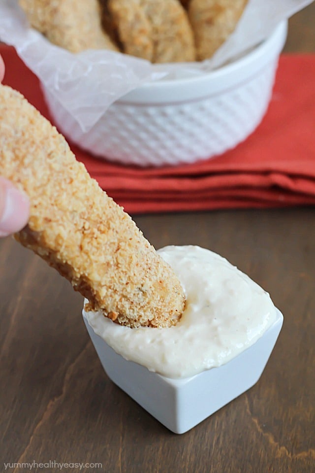 Baked Chicken Strips dipped in a Creamy Parmesan Dip