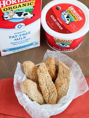 Baked Chicken Strips dipped in a Creamy Parmesan Dip