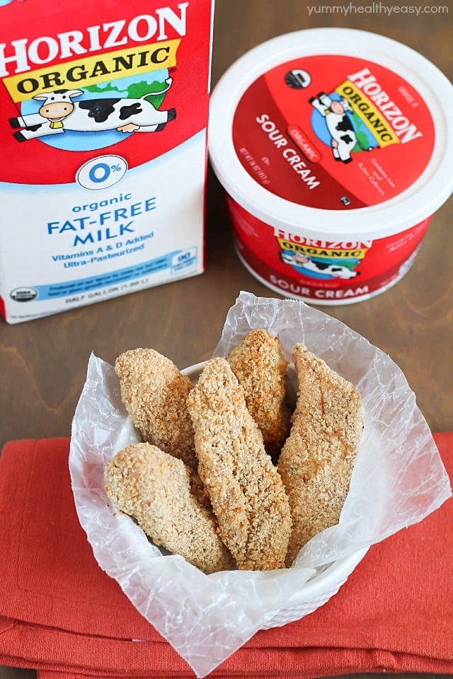 Baked Chicken Strips dipped in a Creamy Parmesan Dip