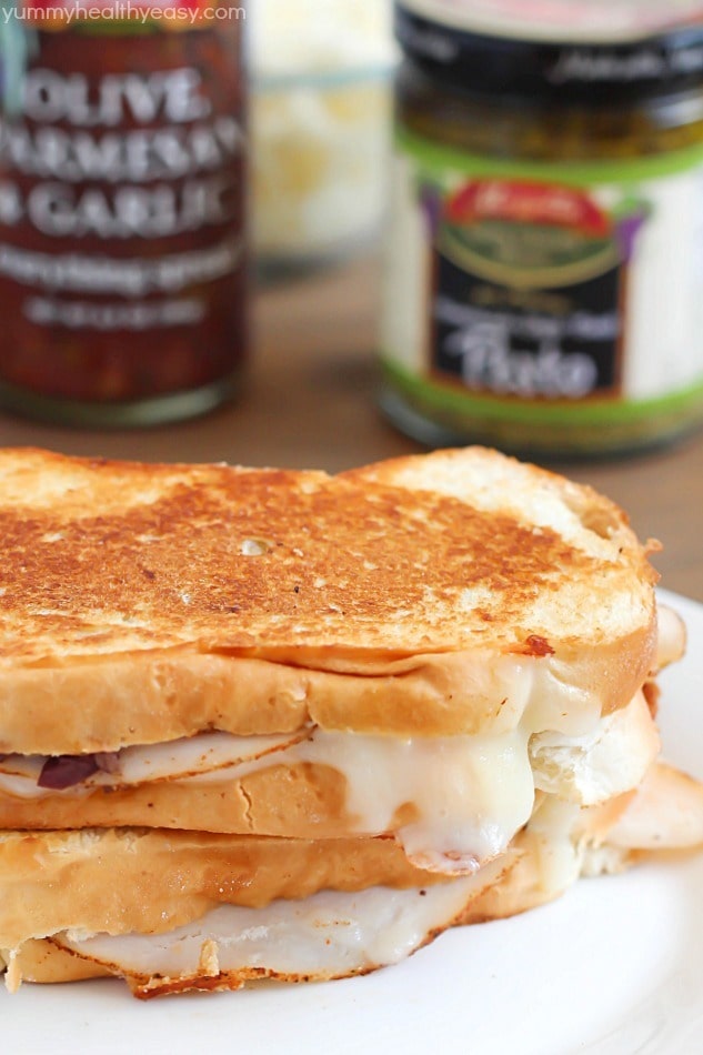 Chicken Pesto Panini with sliced chicken, mozzarella cheese, Mezzetta Everything Spread and a creamy pesto mayo. Ooey, gooey, amazing! #ad