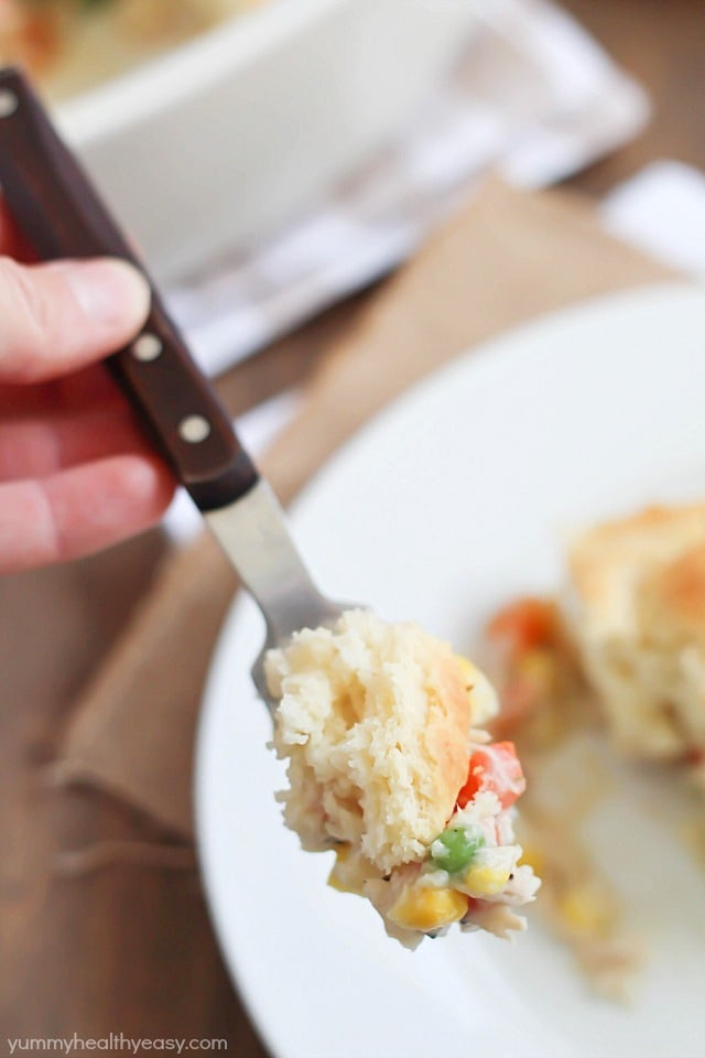Quick and easy chicken pot pie recipe using baking mix, frozen veggies, and NO cream of chicken soup!